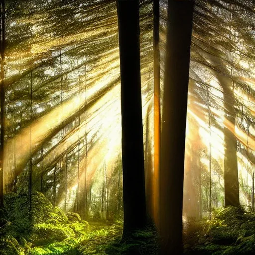 Image similar to eerie forest overgrown with mushrooms with sun rays peeking through the trees