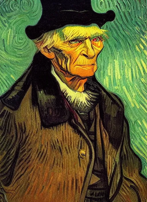 Image similar to lifelike oil painting portrait of ebenezer scrooge by van gogh