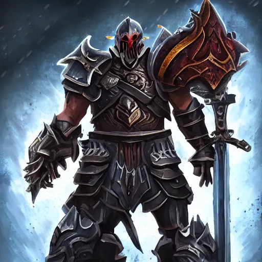 Prompt: Ares with heavy armor and sword, dark sword in Ares's hand, war theme, bloodbath battlefield, hot coloring, hearthstone art style, epic fantasy style art, fantasy epic digital art, epic fantasy card game art