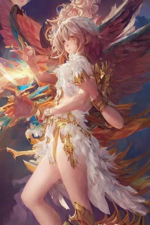 Prompt: a beautiful painting of sandalphon from granblue fantasy, wings with colorful feathers, ray of light, shimmering and prismatic, rococo, highly detailed, by krenz cushart and mucha, trending on artstation.