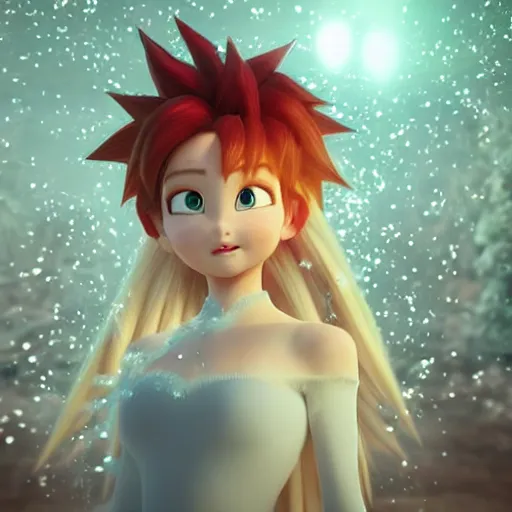 Image similar to portrait focus of super saiyan beautiful 3 d anime girl posing, frozen ice, dark forest background, snowing, bokeh, inspired by masami kurumada, octane render