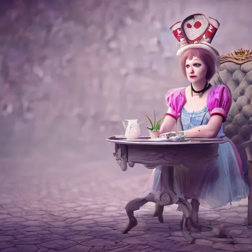 Image similar to alice sitting, alice in wonderland theme, disney photo realistic, octane render, 8 k, unreal engine, hd, cinematic lighting