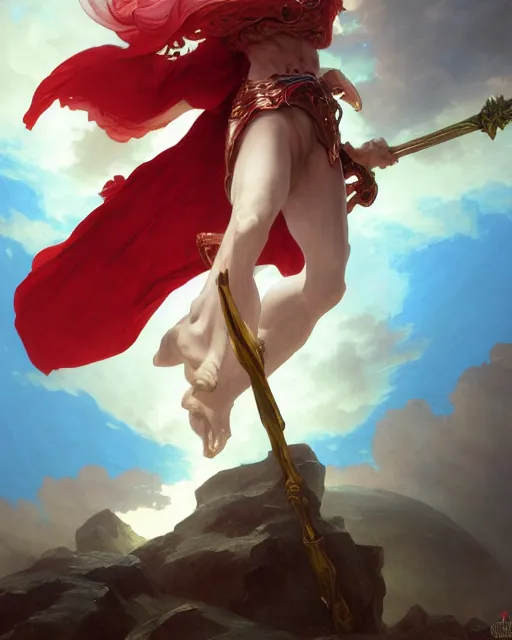 Image similar to A Full View of a Red Mage wearing striped shining armor and a feathered hat holding a staff of power surrounded by an epic cloudscape. Magus. Red Wizard. masterpiece. 4k digital illustration. by Ruan Jia and Artgerm and Andreas Rocha and William-Adolphe Bouguereau and Edmund Blair Leighton. award winning, Artstation, intricate details, realistic, Hyperdetailed, 8k resolution. Concept Painting. Key Art