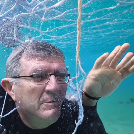 Image similar to vojislav seselj stuck in a fishing net, underwater, struggling