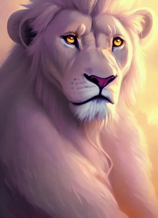 Image similar to !dream aesthetic portrait commission of an albino male furry anthro lion with lavender and mint glowing orbs of light illuminating the lions face, Atmospheric. Character design by charlie bowater, ross tran, artgerm, and makoto shinkai, detailed, inked, western comic book art, 2021 award winning painting