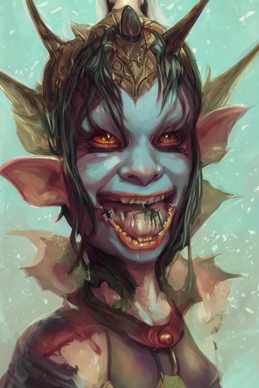 Image similar to a portrait of a cute psychotic fantasy goblin girl by Ross Tran and jeff easley