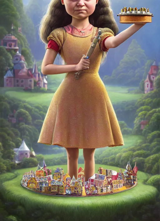 Image similar to highly detailed closeup, face profile portrait of greta thunberg as a tin toy fairytale princess wearing a crown eating cakes, bikini, unreal engine, nicoletta ceccoli, mark ryden, earl norem, lostfish, global illumination, detailed and intricate environment