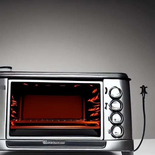 Image similar to toaster oven suspended by lots of metallic cables, symmetry, dark messy smoke - filled cluttered workshop, dark, dramatic lighting, orange tint, sparks, cinematic, highly detailed, sci - fi, futuristic, movie still