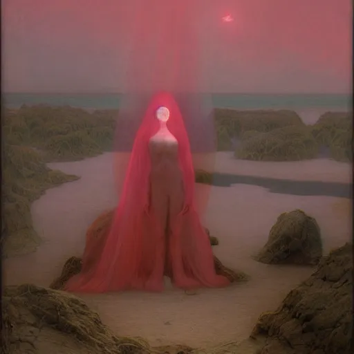 Image similar to portrait, shore of the lake, woman, wrapped around by veins, veiled, glowing red, by edgar maxence and ross tran, zdzisław beksinski, and michael whelan, distant, gustav dore, h. r. giger, 8 k, octane render