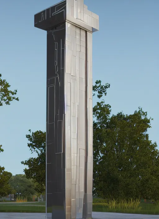 Prompt: highly detailed realistic architecture 3 d render of a mirrored stele monument in frank lloyd wright style standing on a side of a highway, archdaily, made in unreal engine 4 octane render
