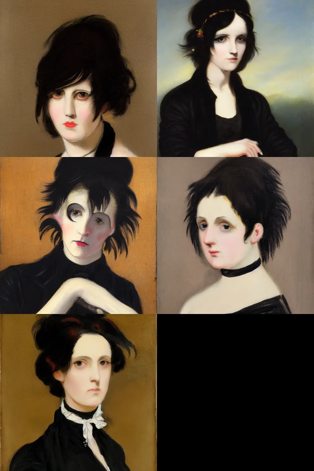 Prompt: a goth portrait painted by george romney her hair is dark brown and cut into a short, messy pixie cut. she has a slightly rounded face, with a pointed chin, large entirely - black eyes, and a small nose. she is wearing a black tank top, a black leather jacket, a black knee - length skirt, and a black choker.