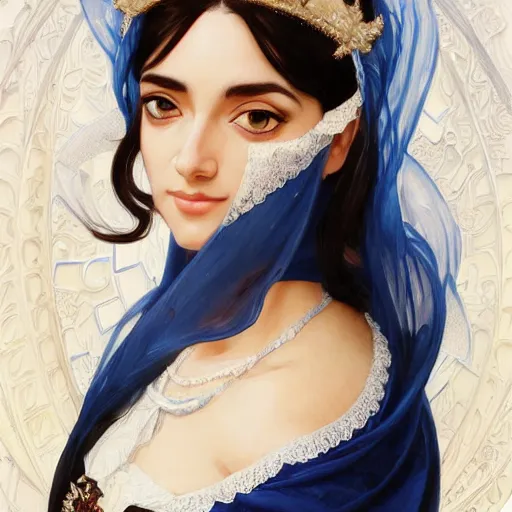 Image similar to Ameera al-Taweel, bright blue eyes, wavy black hair, white veil, highly detailed, digital painting, artstation, concept art, smooth, sharp focus, illustration, ArtStation, art by artgerm and greg rutkowski and alphonse mucha and J. C. Leyendecker and Edmund Blair Leighton and Katsuhiro Otomo and Geof Darrow and Phil hale and Ashley wood and Ilya repin and Charlie Bowater