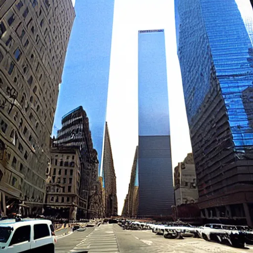 Image similar to World Trade Center twin towers, futuristic New York, street level shot