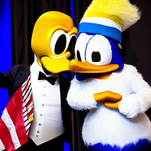 Image similar to Donald Trump shaking hands with Donald Duck