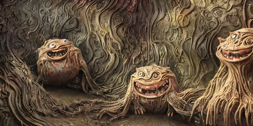 Image similar to of an intricate muddy water with strange cute friendly happy creatures with huge eyes, long tongue, round teeth and goofy funny face, appearing from the background, in the style of gehry and gaudi, macro lens, shallow depth of field, ultra detailed, digital painting, trending artstation, concept art, illustration, cinematic lighting, photorealism, epic, octane render