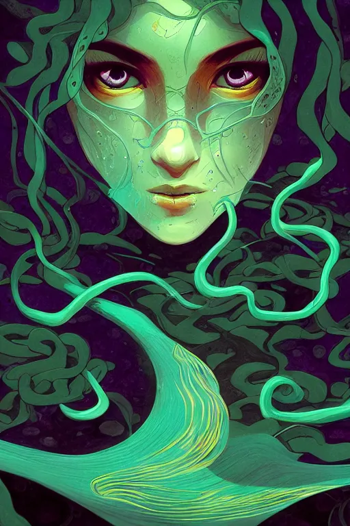 Image similar to 👁👩🏾🌊👾, phantom, dreary, dramatic, fluid, golden ratio, artstation, moebius + loish, hd, long vines,