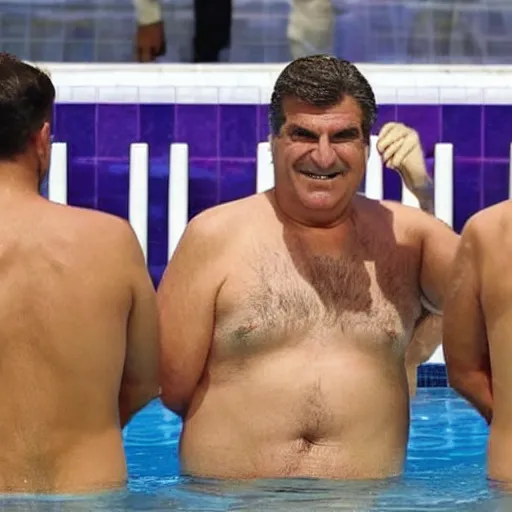 Prompt: florentino perez, laporta and tebas swimming in a pool full of money