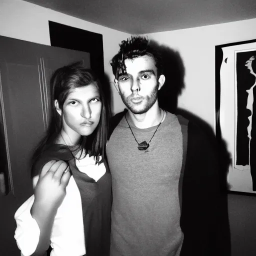 Image similar to gigachad at a house party posing, flash photography, black and white, larry clark, award winning