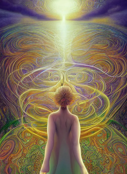 Image similar to a woman falls into a dream within a dream within a dream within a dream within a dream, alex grey, salvador dali, fractal, surreal art, semi realistic anime, studio ghibli, makoto shinkai, award winning illustration, masterpiece, 4 k