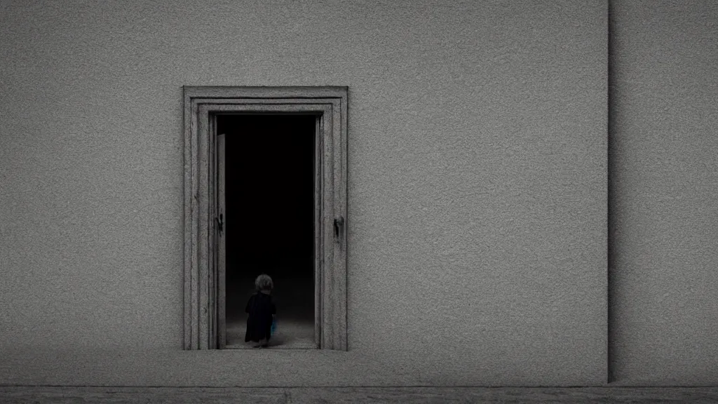 Image similar to children stalk the forbidden door, something waits inside, film still from the movie directed by Denis Villeneuve with art direction by Zdzisław Beksiński, telephoto lens, shallow depth of field