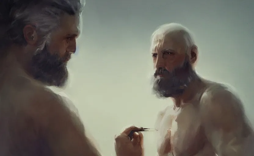 Prompt: a painting of the all father trending on artstation in the style of greg rutkowski, beautiful, male, sensual, wise, natural skin, lack beard