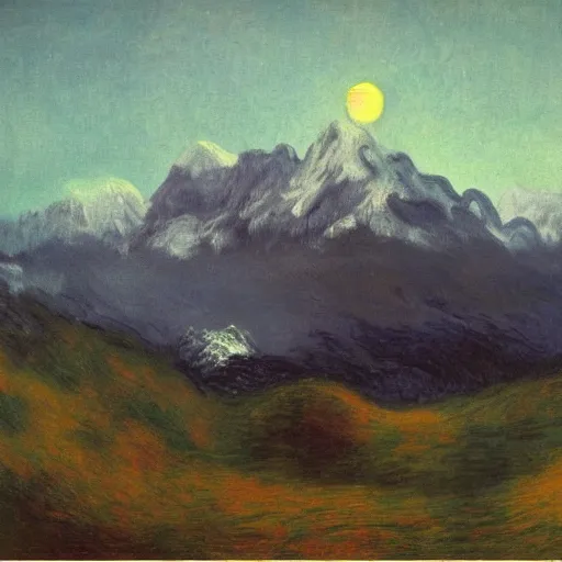 Image similar to achingly beautiful painting of alpine mountains and dramatic soft couds, dramatic twilight by rene magritte, monet, and turner