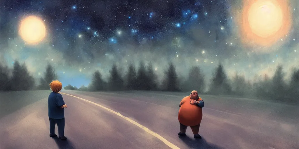 Prompt: fat man depressed in a lonely road, night, galaxy sky, by artgerm, rule of third