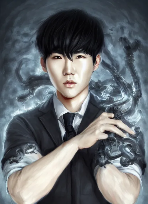 Prompt: a highly detailed illustration of attractive korean man with bowl cut black hair wearing shirt and tie with foggy giant black mist claws, wielding giant black mist claws pose, tired expression, black mist surrounding background, intricate, elegant, highly detailed, centered, digital painting, artstation, concept art, smooth, sharp focus, league of legends concept art, wlop.
