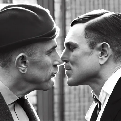 Image similar to benjamin netanyahu kissing tommy shelby, photorealistic, detailed