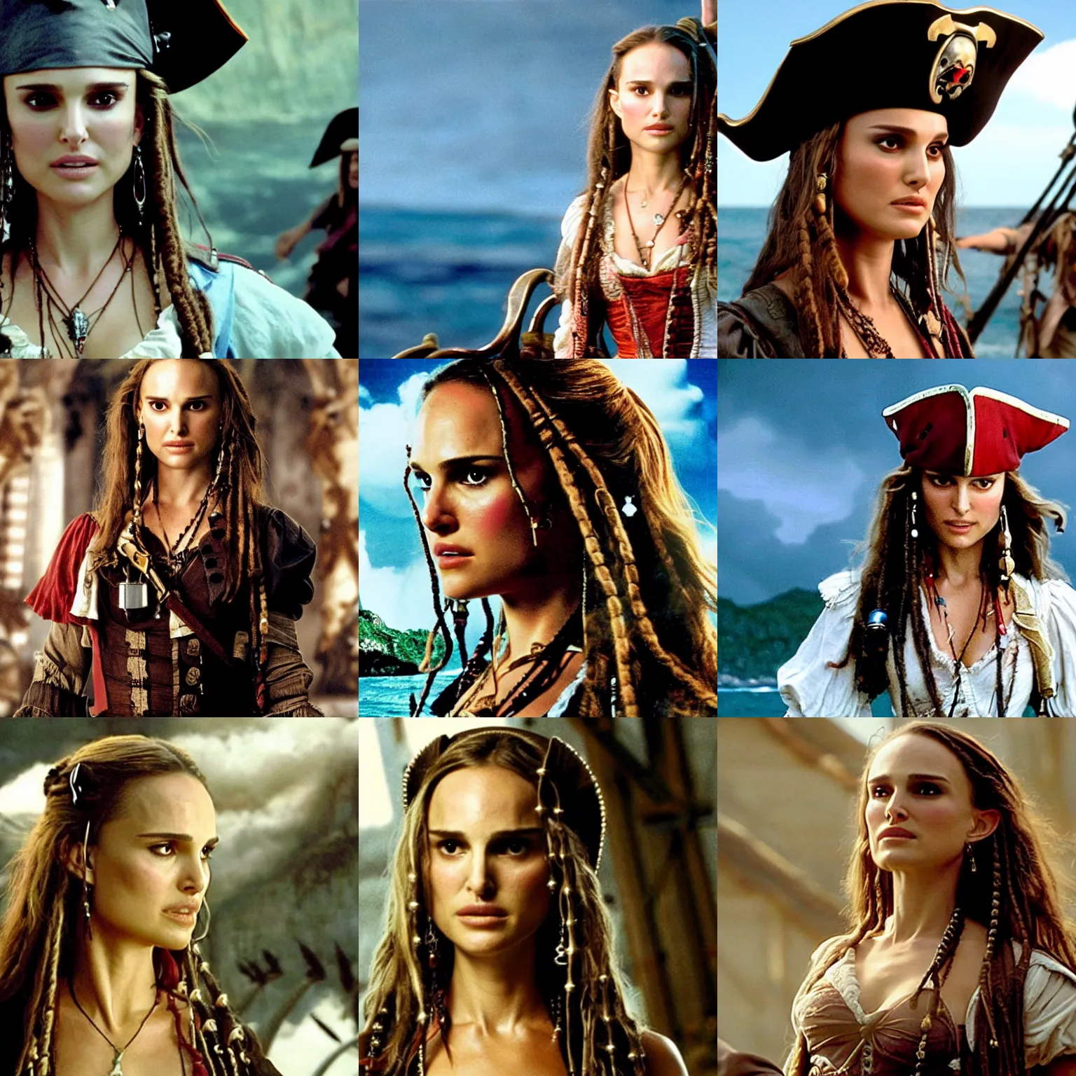 Prompt: Natalie Portman as a pirate captain, film still from Pirates of the Caribbean: Curse of the Black Pearl