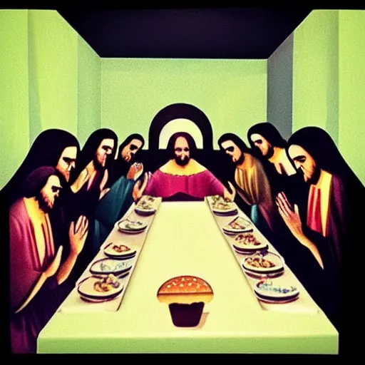 Image similar to “ eating mcdonalds at the last supper ”