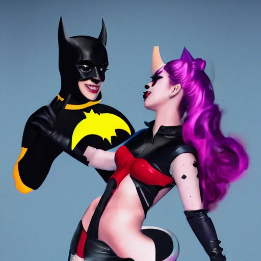 Prompt: a potrait of lady Gaga as Batgirl with Harley Quinn by Greg Rutkowski, Sung Choi, Mitchell Mohrhauser, Maciej Kuciara, Johnson Ting, Maxim Verehin, Peter Konig, Zack Snyder, 8k photorealistic, cinematic lighting, HD, high details, dramatic, trending on artstation, full body shot