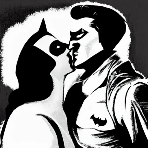 Prompt: elvis kissing batman