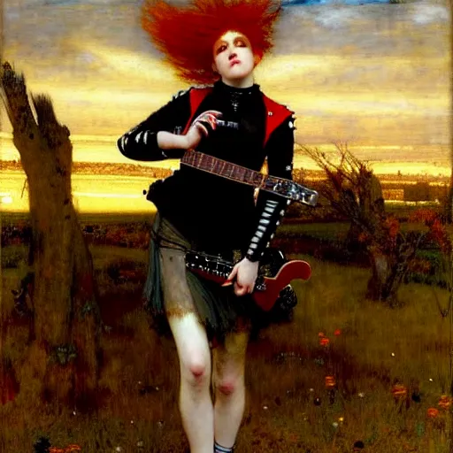 Prompt: Redhead punk girl wearing punk leather jacket playing electric guitar at dusk, oil painting by Lawrence Alma-Tadema and Fernanda Suarez and Edgar Maxence, masterpiece