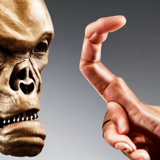 Image similar to futuristic cyborg holding hands with homo habilis, hd photograph, photo in a studio room