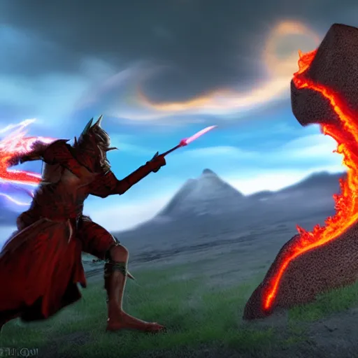 Image similar to epic battle between two wizards, lava in the background, cinematic, establishing shot