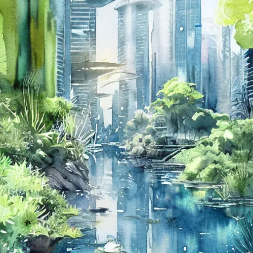 Image similar to Beautiful happy picturesque charming sci-fi city in harmony with nature. Beautiful light. Water and plants. Nice colour scheme, soft warm colour. Beautiful detailed watercolor by Lurid. (2022)