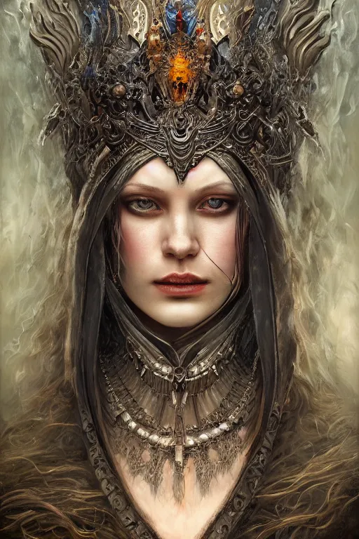 Prompt: single face portrait. very complex hyper-maximalist overdetailed cinematic darkfantasy portrait of an elegant very attractive but dangerous and wild queen dragon by andrei riabovitchev, tomasz alen kopera, oleksandra shchaslyva. Omnious intricate. Focus on face. Artstation. Deviantart. 8k 4k 64megapixel.