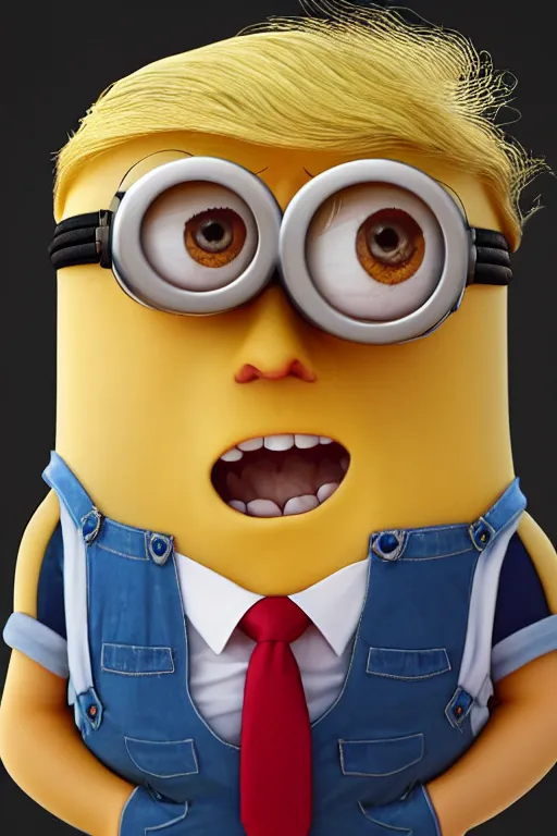 Prompt: trump as a minion, blond hair, riot background oil on canvas, intricate, portrait, 8 k highly professionally detailed, hdr, cgsociety