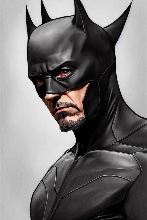 Prompt: robert downey jr as bat man, portrait,, highly detailed, digital painting, artstation, concept art, smooth, sharp focus, illustration, cinematic lighting, art by artgerm and greg rutkowski and alphonse mucha