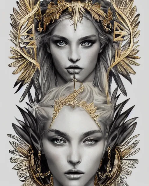 Image similar to tattoo design sketch of hot blonde super model as aphrodite greek goddess wearing a gold laurel wreath and triangle earrings, beautiful piercing gaze with sharp pupils, in the style of greg rutkowski, fantasy, amazing detail, epic, elegant, smooth, sharp focus, front view