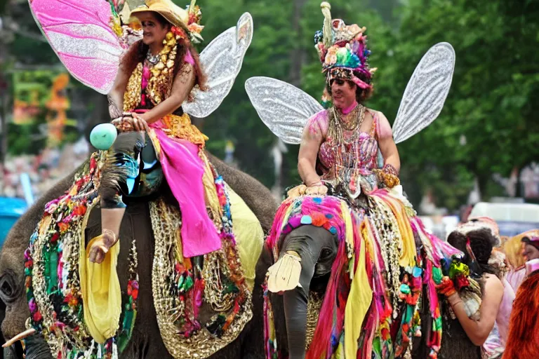 Prompt: bohemian fairy riding an elephant in an Indian parade