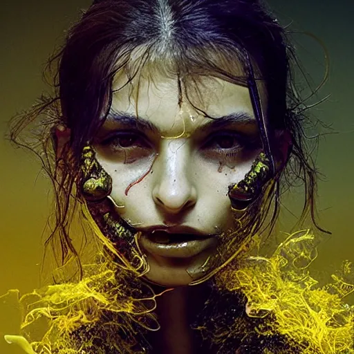 Image similar to masterpiece, emily ratajkowski, bones and veins, biopunk clothes, body horror, yellow glowing background, gustav dore, zdzislaw beksinksi, Ross Tran