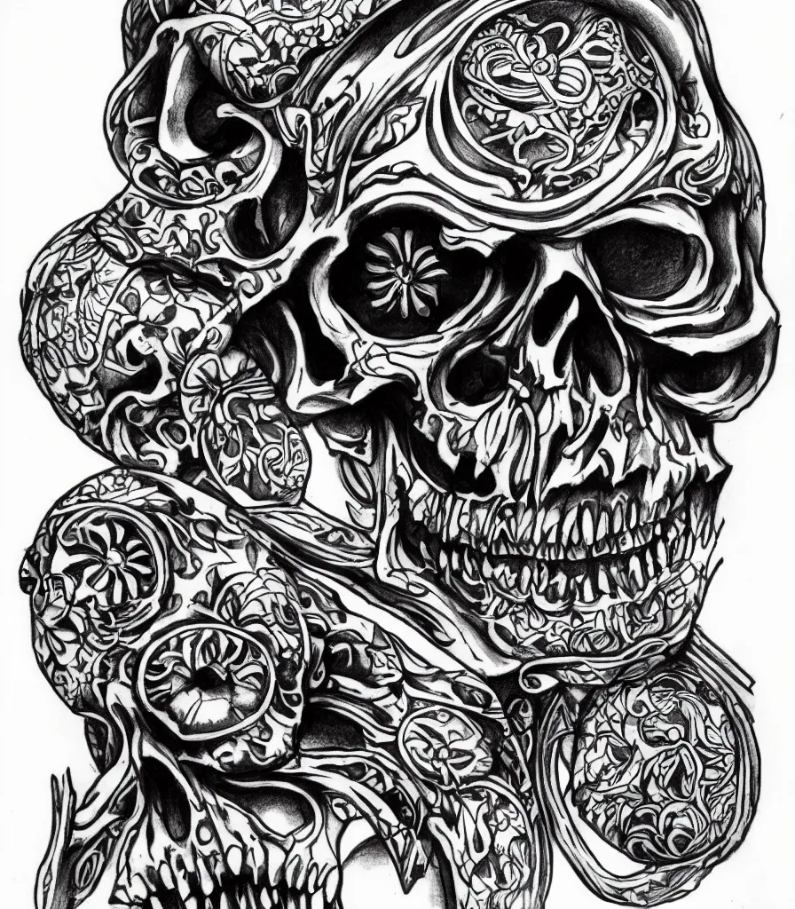 Image similar to highly detailed skull, Japanese ornament, tattoo ink sketch, isolated on white background