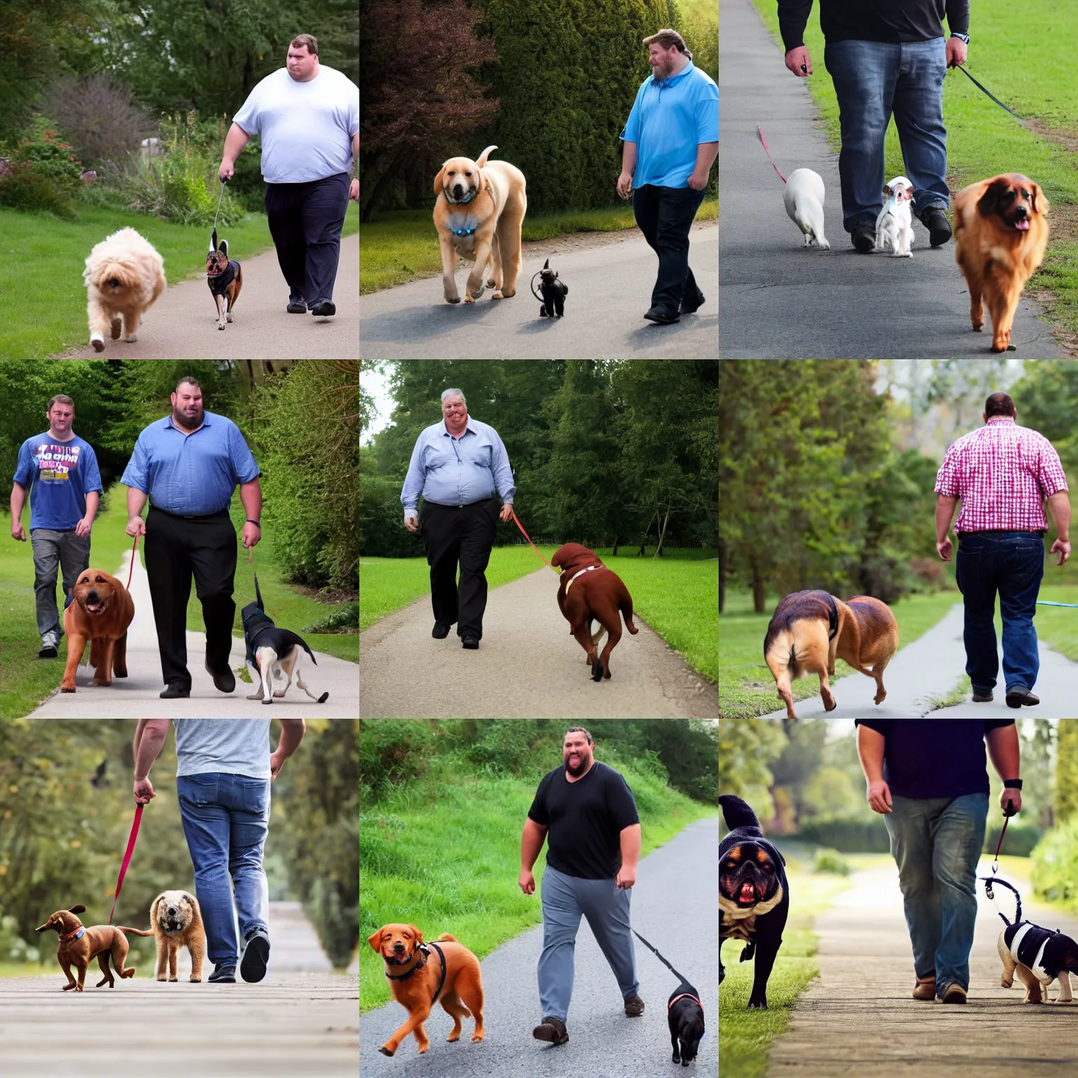 Prompt: a large large large man walking a small dog