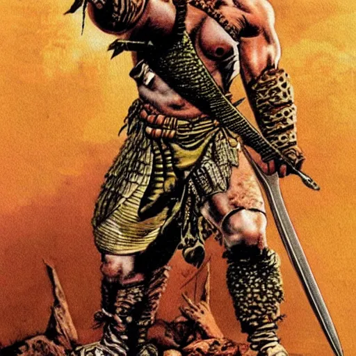 Image similar to barbarian warrior holding sword. Artwork by Richard Corben