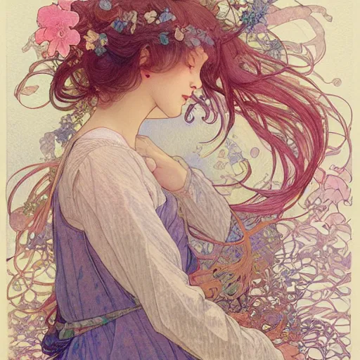 Prompt: a beautiful intricate watercolor illustration of a sleeping cute girl, 4 k, ultra - wide angle, by william turner, by victo ngai, by alphonse mucha, by miho hirano, by moebius, hd, trending on artstation, hyper detailed, muted intense colors