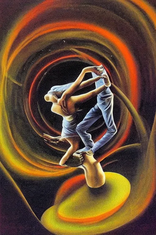 Image similar to optical illusion painting of a couple dancing in a worm hole, illusionism, look twice, mind blow, by damien gilley and salvador dali, detailed