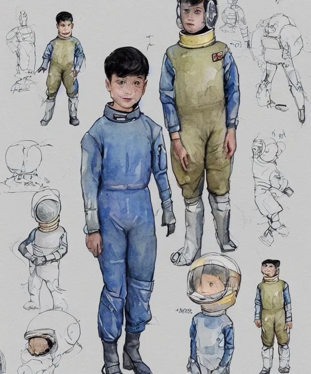 Prompt: color pen and ink and pencil sketch character concept design game asset of sketches watercolor of a young boy scientist wearing a home made 1950s style science fiction retro space suit by Stanley Artgerm Lau, WLOP, Rossdraws, James Jean, Andrei Riabovitchev, Marc Simonetti, and Sakimichan, tranding on artstation , assets, character design, tending on pinterest, trending on cgtalk, trending on concept art, trending on character design