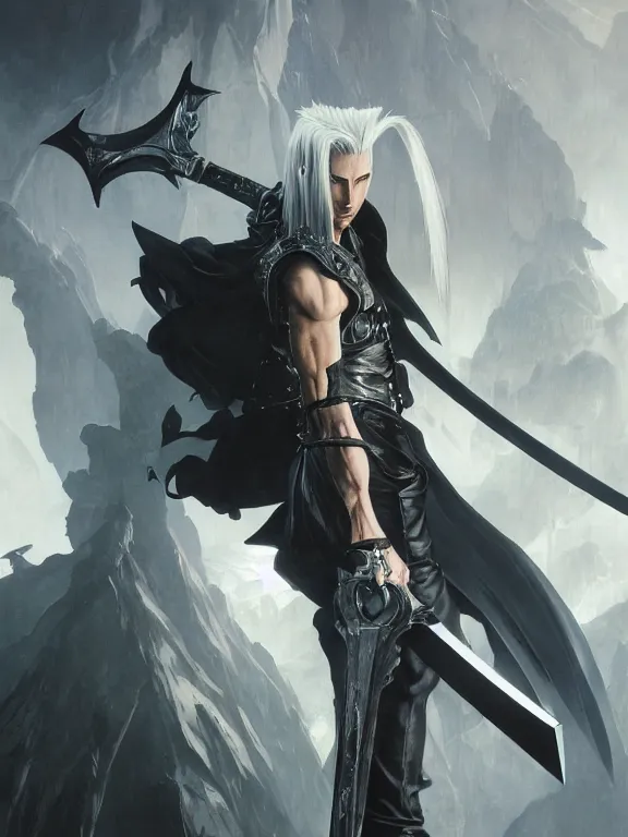 Image similar to a beautiful and detailed matte painting of sephiroth from final fantasy 7, fantasy, d & d, dark eyeliner, intricate, elegant, highly detailed, digital painting, artstation, concept art, matte, sharp focus, illustration, art by greg rutkowski and alphonse mucha